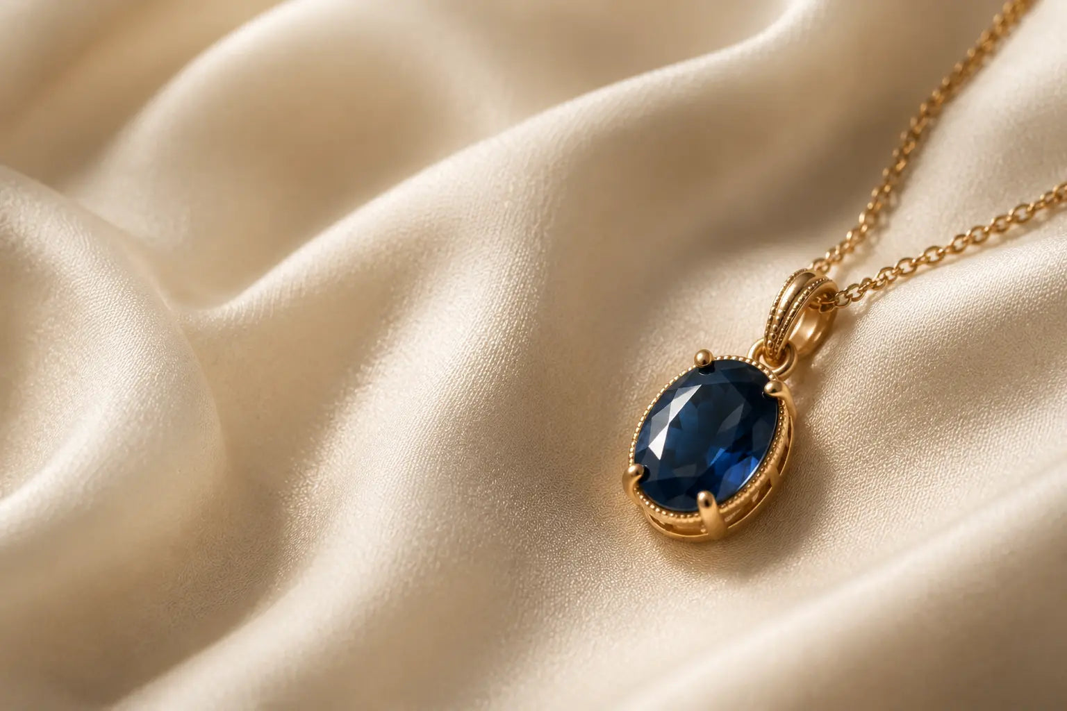Sapphire jewellery arranged on ivory silk